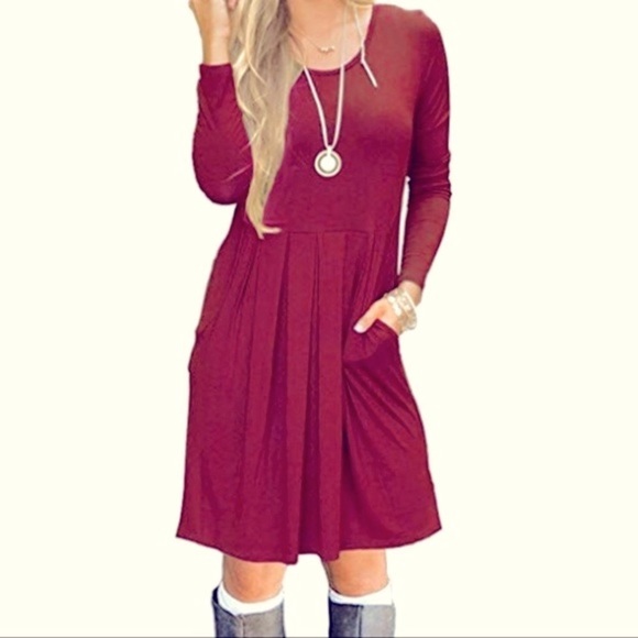 Auselily Dress Womens Medium Red Long Sleeve Swing‎ Side Pockets Rayon Spandex - Picture 1 of 14